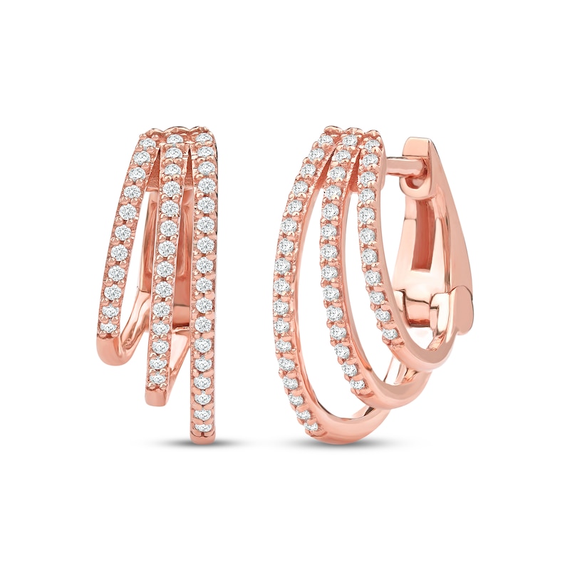 Main Image 1 of Diamond Three-Row Staggered Huggie Hoop Earrings 1/4 ct tw 10K Rose Gold