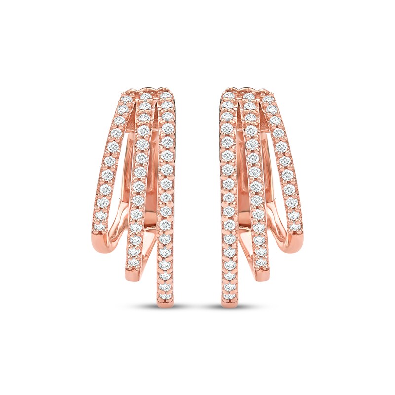 Main Image 2 of Diamond Three-Row Staggered Huggie Hoop Earrings 1/4 ct tw 10K Rose Gold