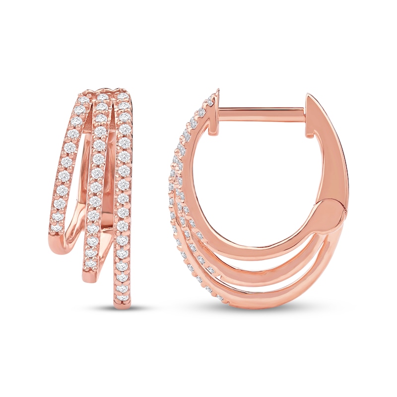 Main Image 3 of Diamond Three-Row Staggered Huggie Hoop Earrings 1/4 ct tw 10K Rose Gold