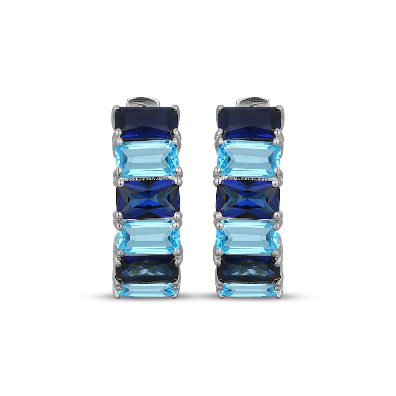 Main Image 2 of Emerald-Cut Swiss Blue Topaz & Blue Lab-Created Sapphire Hoop Earrings Sterling Silver