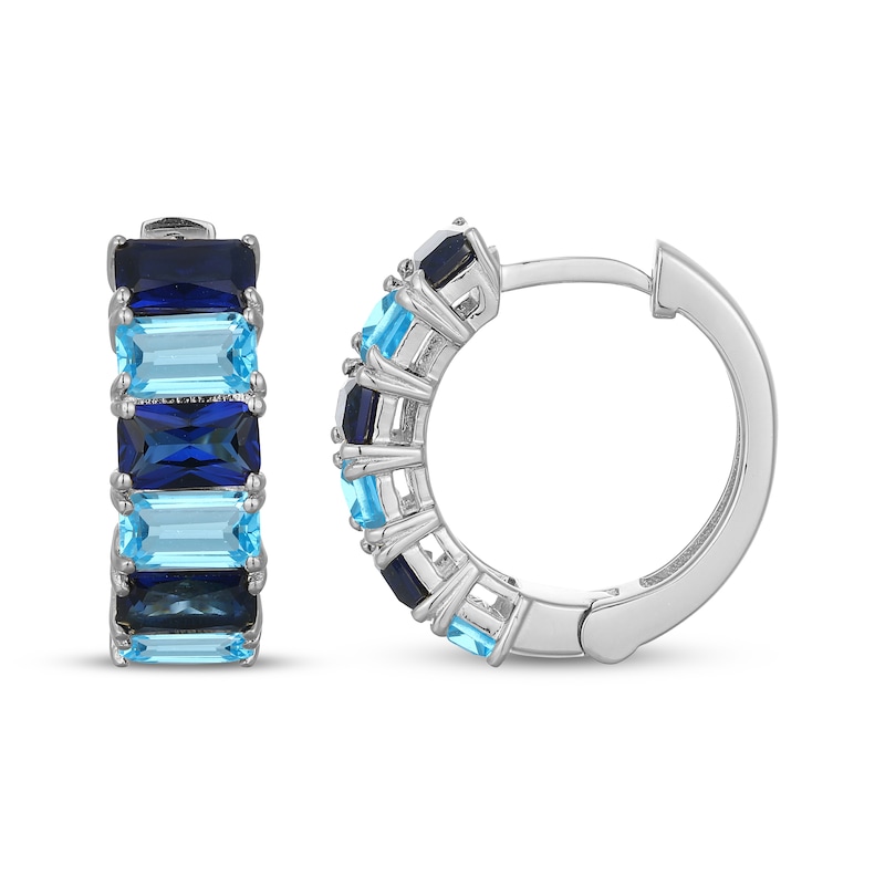 Main Image 3 of Emerald-Cut Swiss Blue Topaz & Blue Lab-Created Sapphire Hoop Earrings Sterling Silver