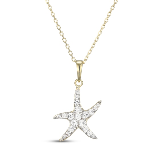 White Lab-Created Sapphire Starfish Necklace 10K Yellow Gold 18"