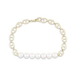 Cultured Pearl & Mariner Chain Bracelet 10K Yellow Gold 7.25"