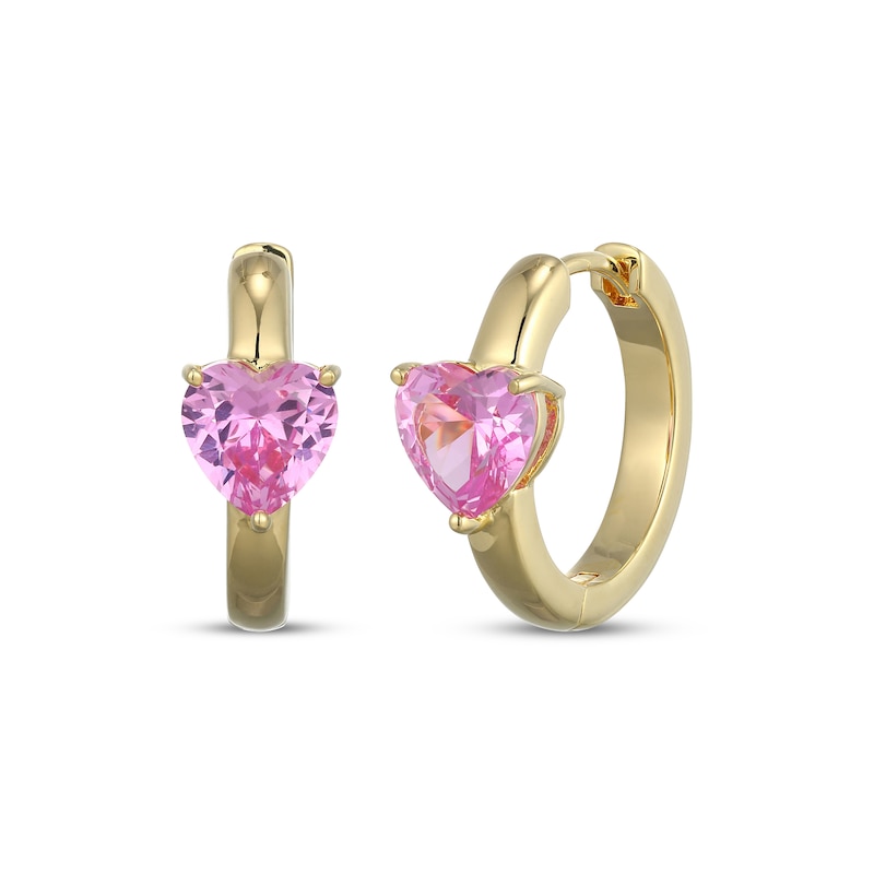 Main Image 1 of STUDIO BY KAY Heart-Shaped Pink Lab-Created Sapphire Solitaire Huggie Hoop Earrings 24K Yellow Gold Vermeil Sterling Silver