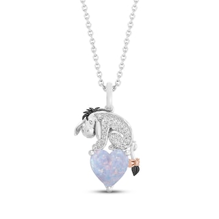 Disney Treasures Winnie the Pooh "Eeyore" Heart Lab-Created Opal & Diamond Necklace 1/10 ct tw Sterling Silver & 10K Rose Gold 19"