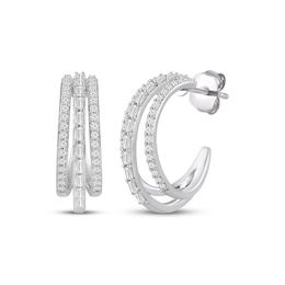 KAY Lab-Grown Diamonds Baguette & Round-Cut Three-Row J-Hoop Earrings 3/4 ct tw 10K White Gold