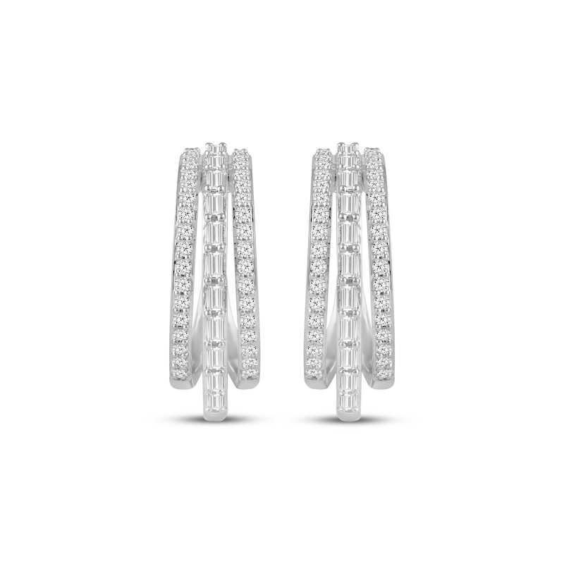 Main Image 2 of KAY Lab-Grown Diamonds Baguette & Round-Cut Three-Row J-Hoop Earrings 3/4 ct tw 10K White Gold
