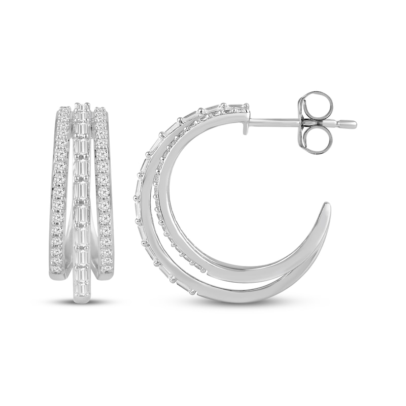 Main Image 3 of KAY Lab-Grown Diamonds Baguette & Round-Cut Three-Row J-Hoop Earrings 3/4 ct tw 10K White Gold