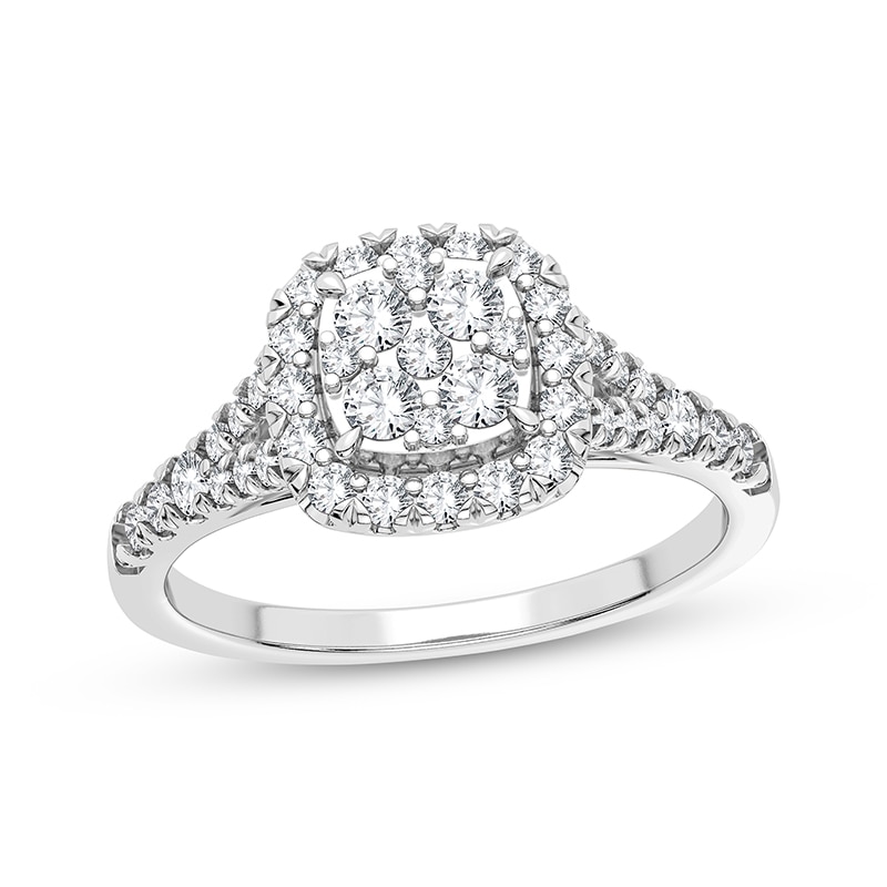 Main Image 1 of Now + Forever Multi-Diamond Center Cushion Split-Shank Engagement Ring 3/8 ct tw Round-cut 10K White Gold