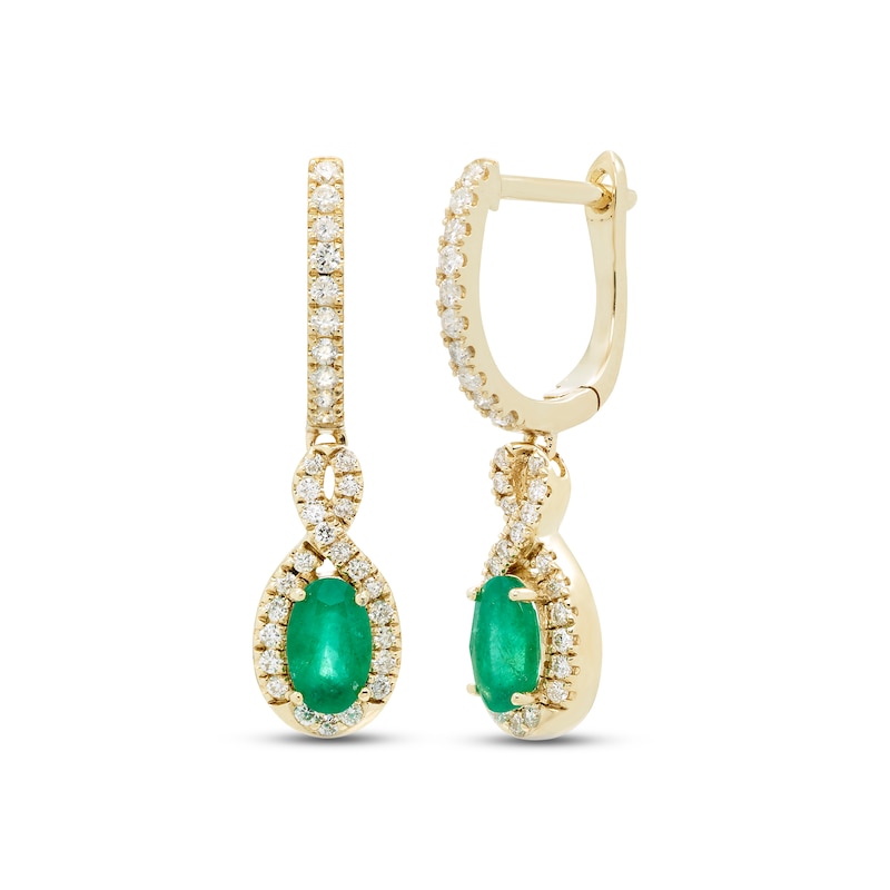 Main Image 1 of Emerald & Diamond Dangle Hoop Earrings 1/5 ct tw Round-cut 10K Yellow Gold