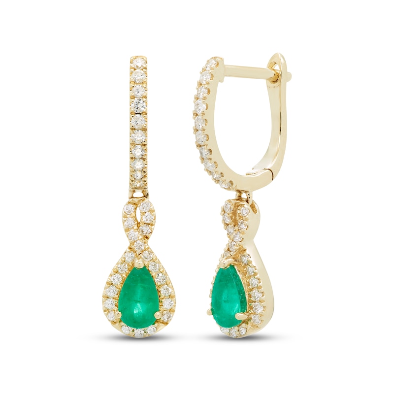 Main Image 1 of Emerald & Diamond Dangle Hoop Earrings 1/5 ct tw Round-cut 10K Yellow Gold