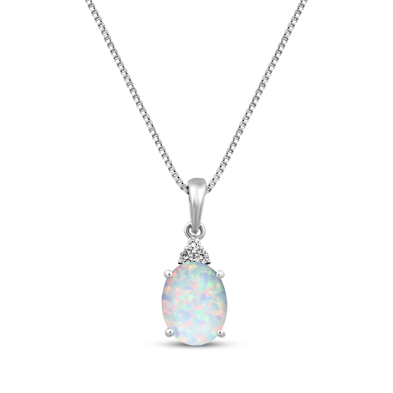 Main Image 1 of Oval-Cut Lab-Created Opal & White Lab-Created Sapphire Drop Necklace Sterling Silver 18”
