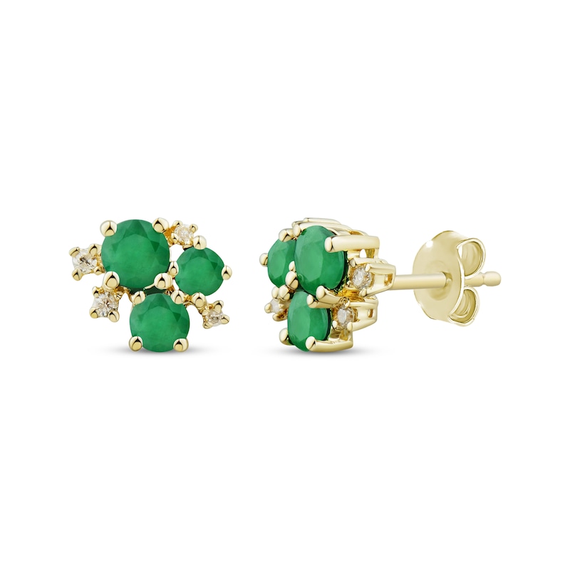 Main Image 1 of Emerald Trio & Diamond Cluster Stud Earrings 1/20 ct tw 10K Yellow Gold