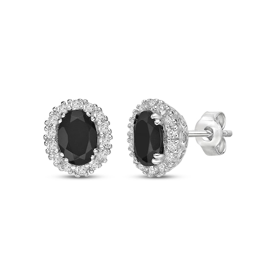 Oval-Cut Black Onyx & White Lab-Created Sapphire Halo Stud Earrings Sterling Silver
