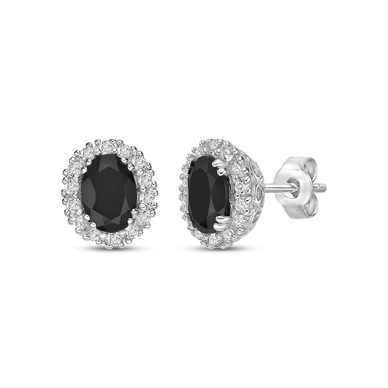 Main Image 1 of Oval-Cut Black Onyx & White Lab-Created Sapphire Halo Stud Earrings Sterling Silver