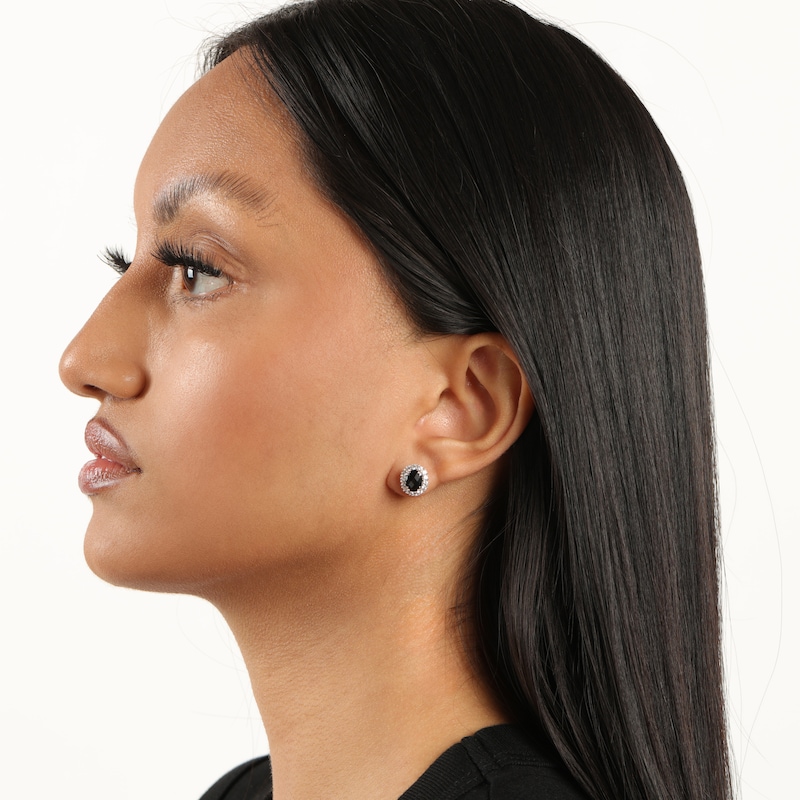 Main Image 6 of Oval-Cut Black Onyx & White Lab-Created Sapphire Halo Stud Earrings Sterling Silver