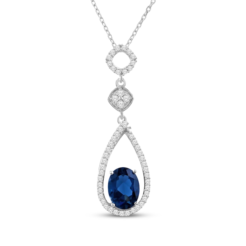 Main Image 1 of Oval-Cut London Blue Topaz & White Lab-Created Sapphire Drop Necklace Sterling Silver 18"