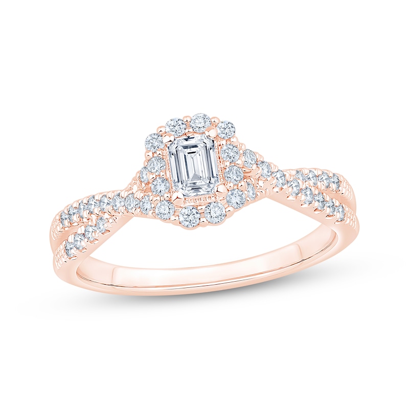 Main Image 1 of Now + Forever Lab-Grown Diamonds Certified Emerald-Cut Halo Engagement Ring 1/2 ct tw 14K Rose Gold