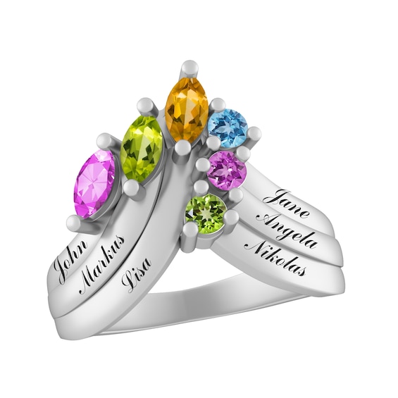 Marquise and Round Birthstone Family & Mother's Bypass Ring (2-6 Stones Lines)