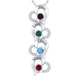 Mother's Family Birthstone Vertical Hearts Drop Necklace (2-4 Stones and Lines)