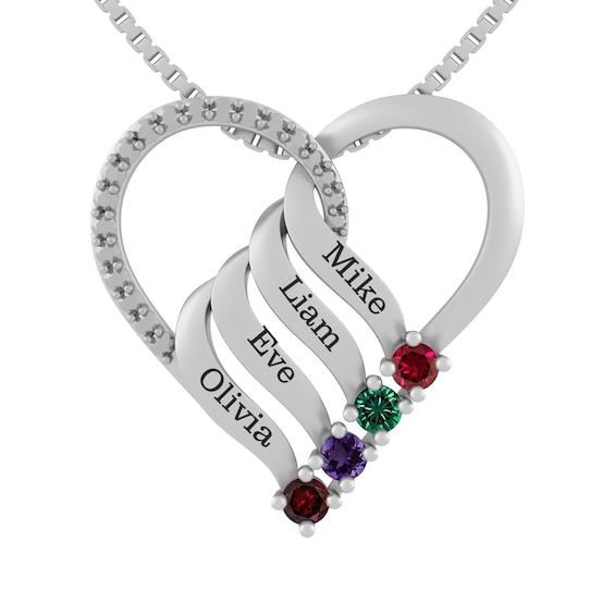 Round Birthstone Family & Mother's Single Heart Necklace (2-4 Stones and Lines)