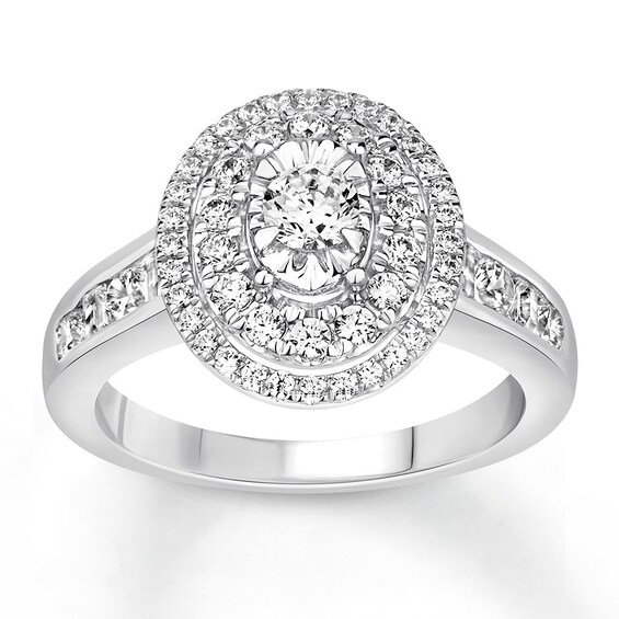 Now + Forever Diamond Engagement Ring 1 ct tw Round& Baguette 14K White Gold
