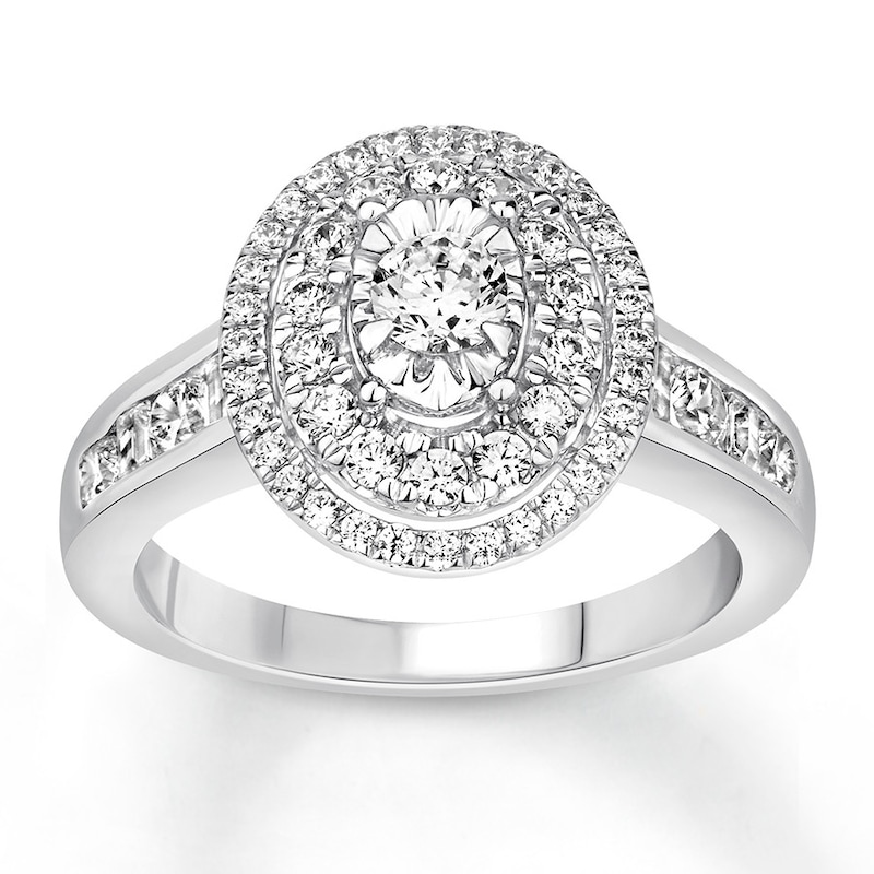 Diamond Engagement Ring 1 ct tw Round& Baguette 14K White Gold