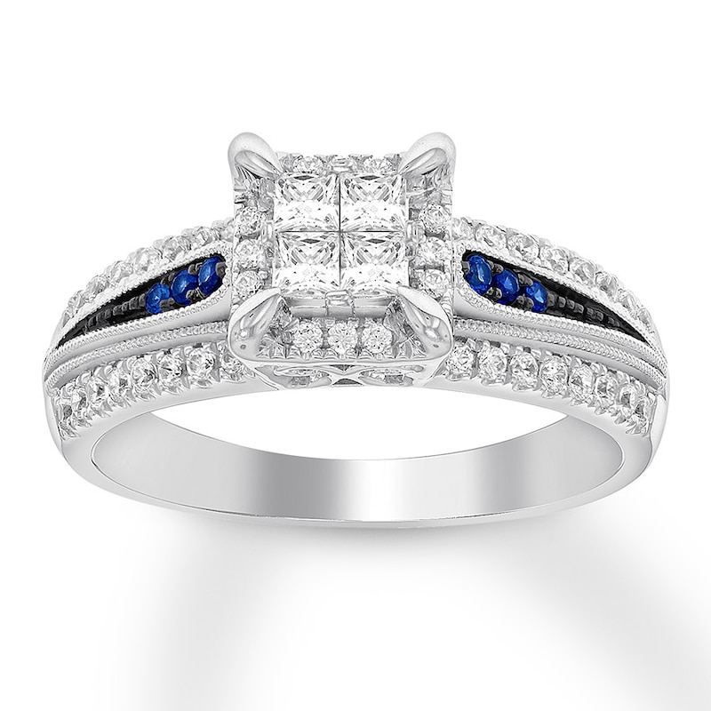 Diamond & Sapphire Engagement Ring 5/8 ct tw Princess & Round-cut 14K White Gold