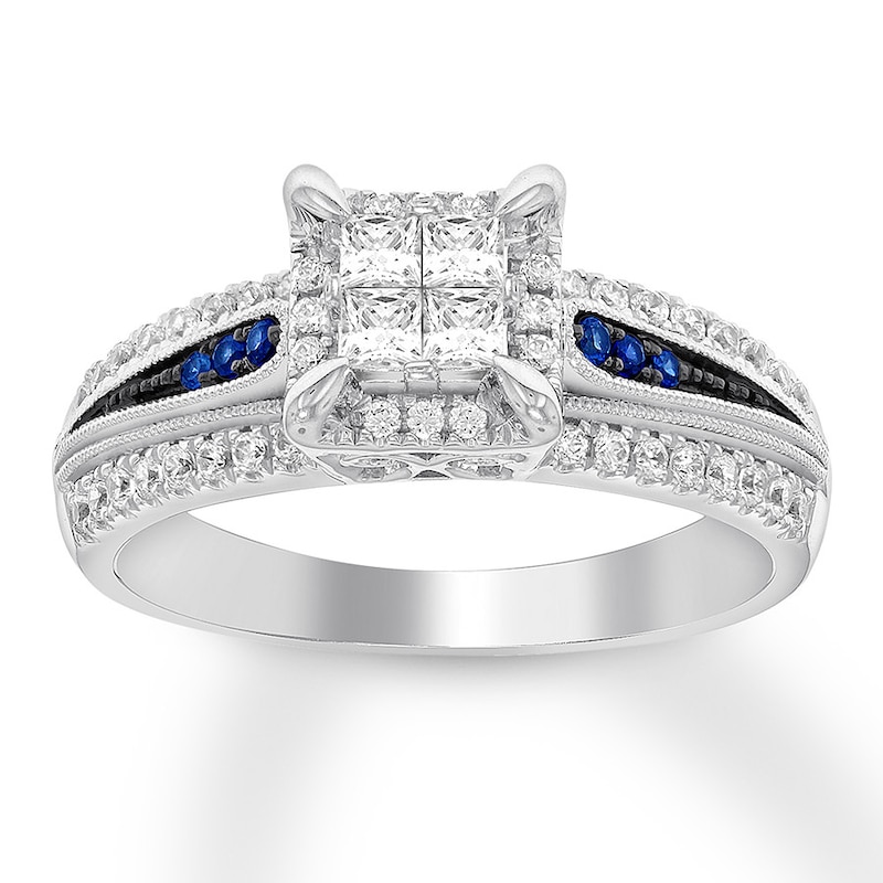 Main Image 1 of Now + Forever Diamond & Sapphire Engagement Ring 5/8 ct tw Princess & Round-cut 14K White Gold