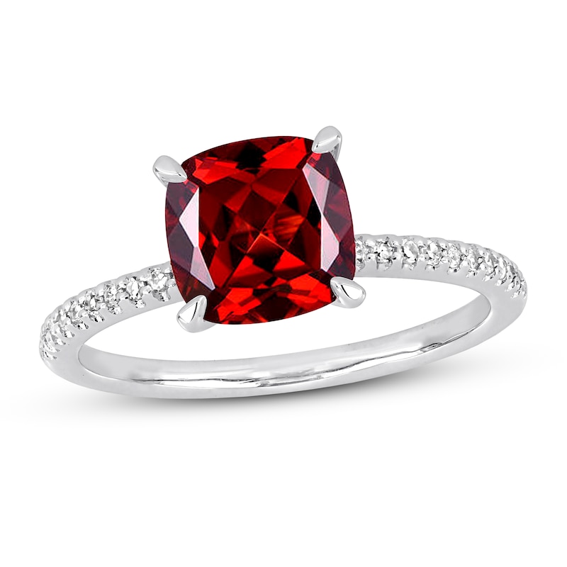 Cushion-cut Garnet Engagement Ring 1/10 ct tw Diamonds 14K White Gold