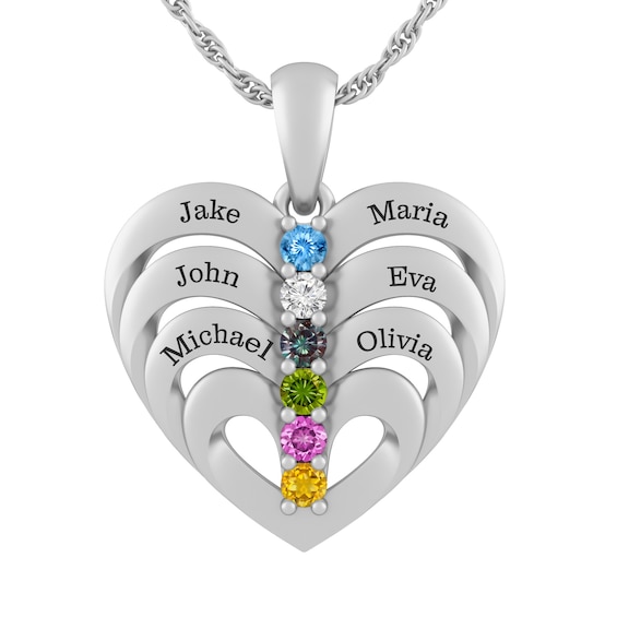 Birthstone Family & Mother's Heart Necklace (6 Stones and Lines)