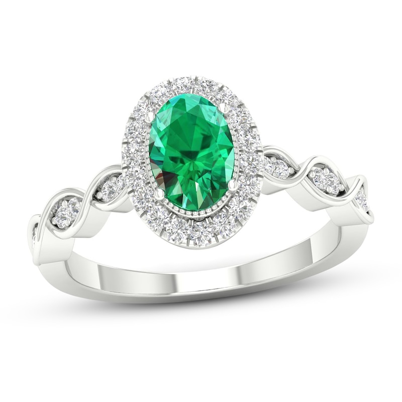 Diamond & Emerald Engagement Ring 1/5 ct tw Oval/Round-cut 10K White Gold