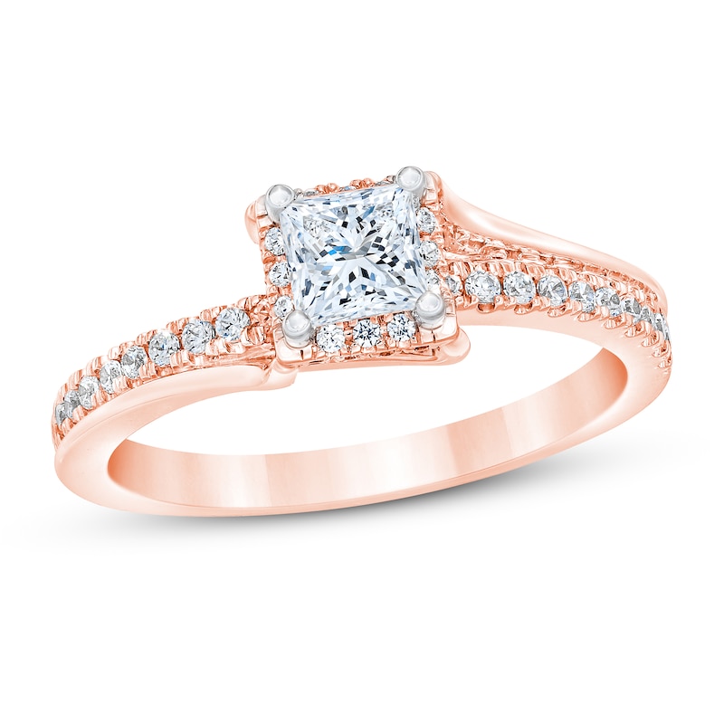 Diamond Engagement Ring 3/4 ct tw Princess & Round 14K Rose Gold