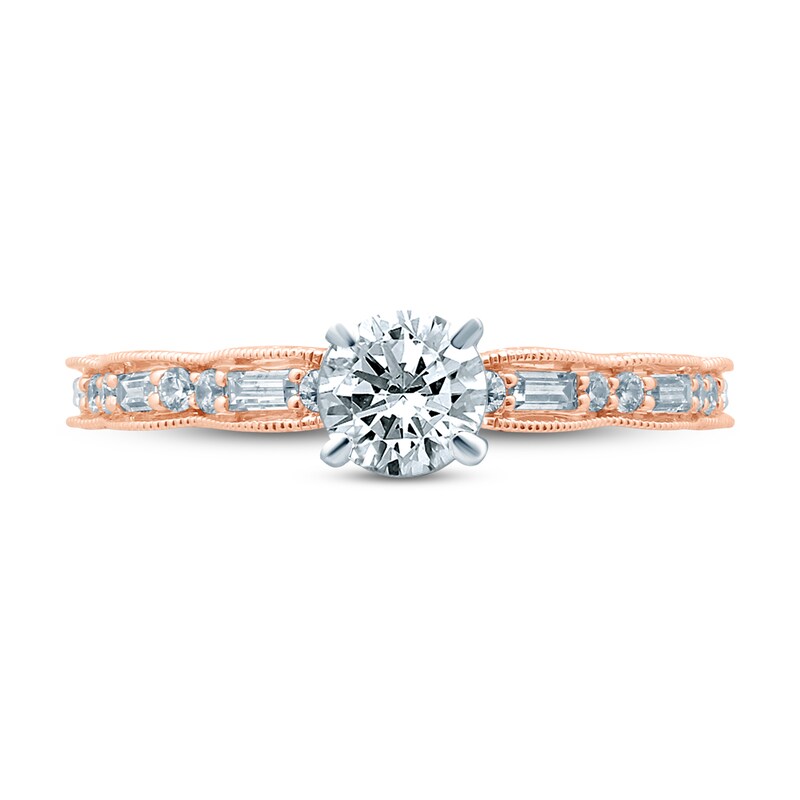 Diamond Engagement Ring 7/8 ct tw Round/Baguette 14K Rose Gold