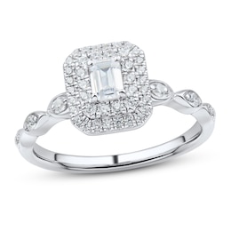 Now + Forever Diamond Engagement Ring 1/2 ct tw Emerald & Round 14K White Gold