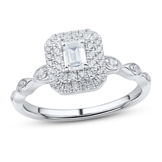 Now + Forever Diamond Engagement Ring 1/2 ct tw Emerald & Round 14K White Gold