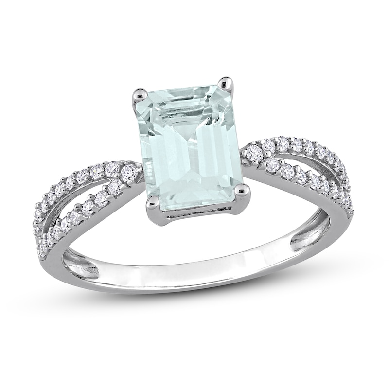 Main Image 1 of Now + Forever Emerald-cut Aquamarine Engagement Ring 1/5 ct tw Diamonds 14K White Gold
