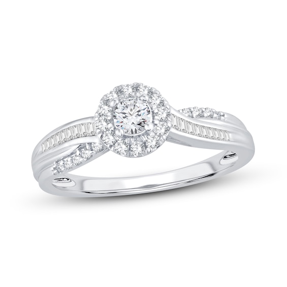 Now + Forever Diamond Engagement Ring 3/8 ct tw Round & Baguette-cut 14K White Gold