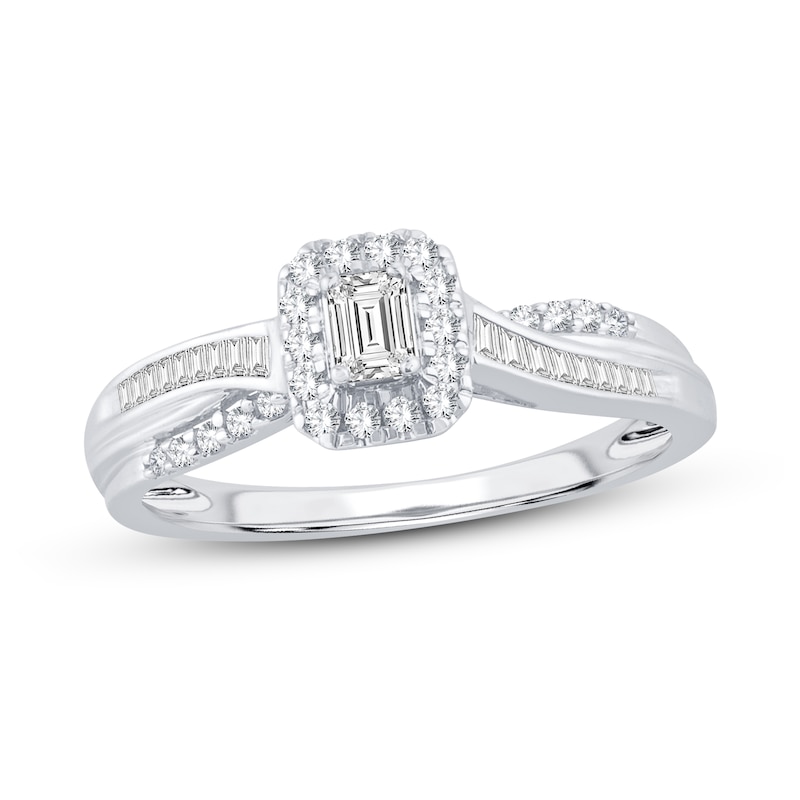 Main Image 1 of Now + Forever Diamond Engagement Ring 3/8 ct tw Emerald, Baguette & Round 14K White Gold