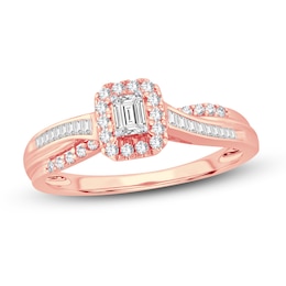 Now + Forever Diamond Engagement Ring 3/8 ct tw Emerald, Baguette & Round 14K Rose Gold