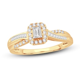 Now + Forever Diamond Engagement Ring 3/8 ct tw Emerald, Baguette & Round 14K Yellow Gold
