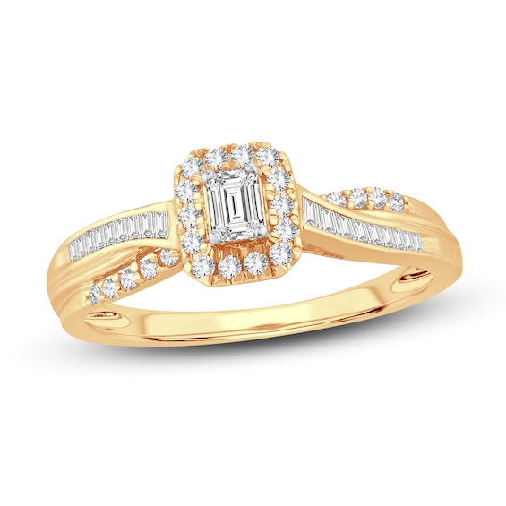 Now + Forever Diamond Engagement Ring 3/8 ct tw Emerald, Baguette & Round 14K Yellow Gold