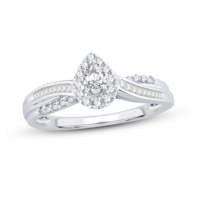 Diamond Engagement Ring 3/8 ct tw Pear, Baguette & Round 14K White Gold