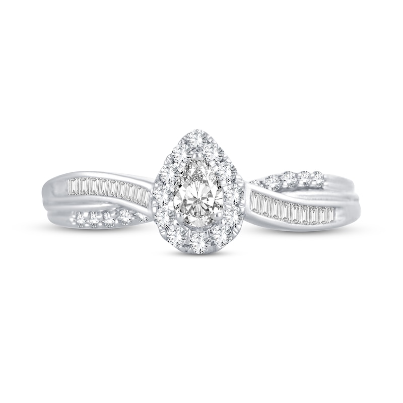 Diamond Engagement Ring 3/8 ct tw Pear, Baguette & Round 14K White Gold ...