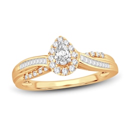 Now + Forever Diamond Engagement Ring 3/8 ct tw Pear, Baguette & Round 14K Yellow Gold