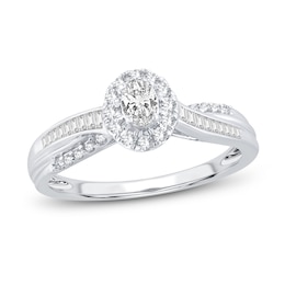 Now + Forever Diamond Engagement Ring 3/8 ct tw Oval, Baguette & Round 14K White Gold
