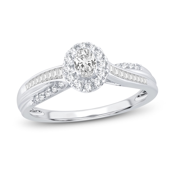Now + Forever Diamond Engagement Ring 3/8 ct tw Oval, Baguette & Round 14K White Gold