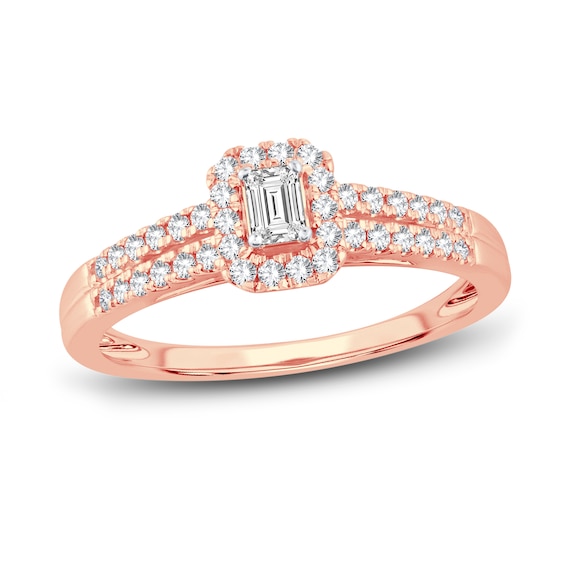 Now + Forever Diamond Engagement Ring 3/8 ct tw Emerald & Round 14K Rose Gold