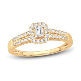 Now + Forever Diamond Engagement Ring 3/8 ct tw Emerald & Round 14K Yellow Gold