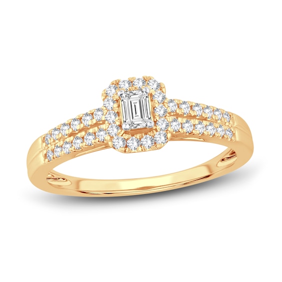 Now + Forever Diamond Engagement Ring 3/8 ct tw Emerald & Round 14K Yellow Gold